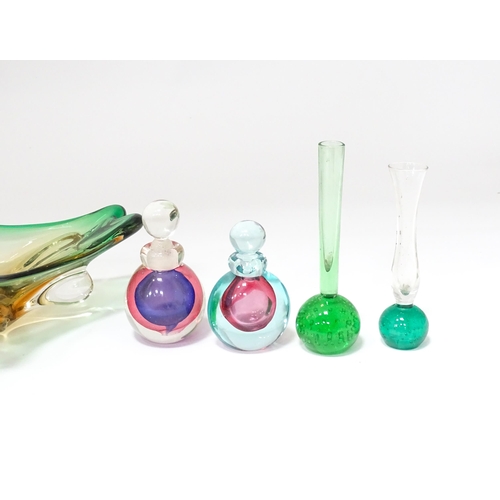 310 - A quantity of assorted studio glassware to include scent bottles, bud vases etc. with a vase having ... 