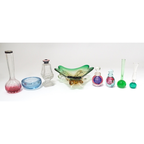 310 - A quantity of assorted studio glassware to include scent bottles, bud vases etc. with a vase having ... 