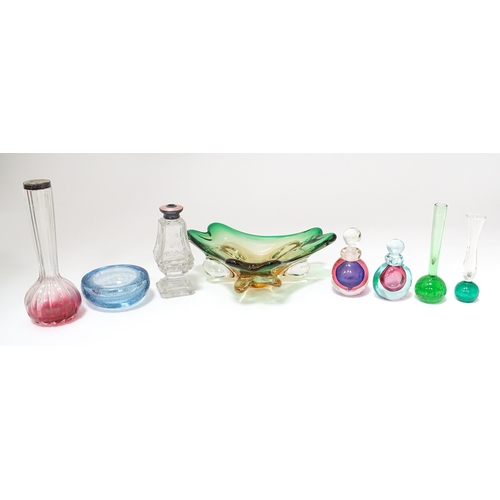 310 - A quantity of assorted studio glassware to include scent bottles, bud vases etc. with a vase having ... 