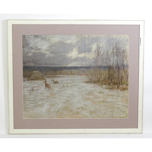 329 - 20th century, Pastel on paper, A study of deer / fawns in a winter landscape. Approx. 21