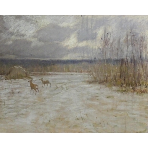 329 - 20th century, Pastel on paper, A study of deer / fawns in a winter landscape. Approx. 21