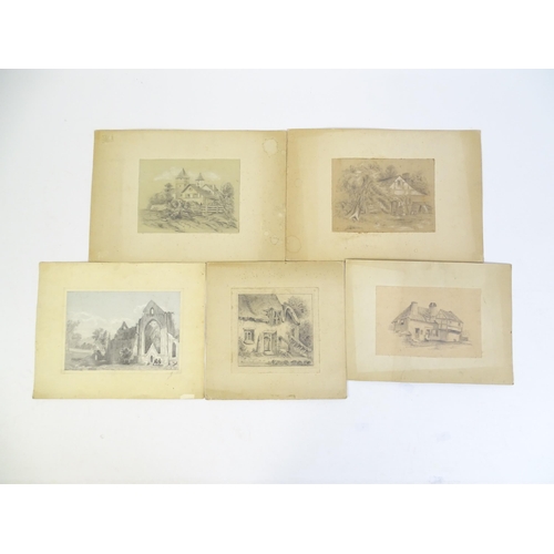 332 - Five pencil drawings to include a study of Tintern Abbey, village scenes with buildings and figures,... 