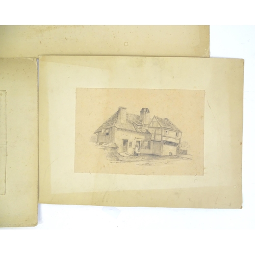 332 - Five pencil drawings to include a study of Tintern Abbey, village scenes with buildings and figures,... 