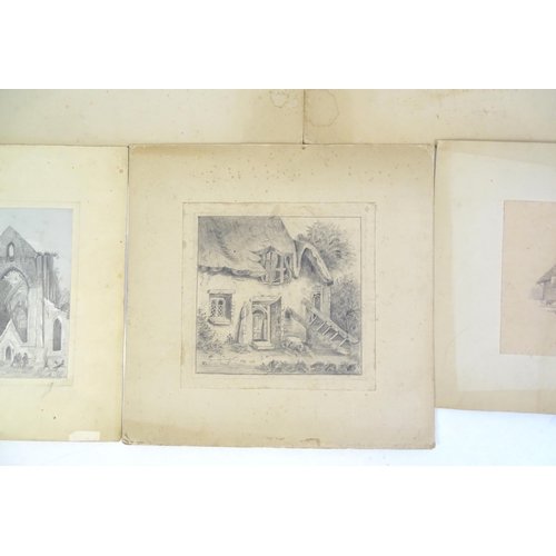 332 - Five pencil drawings to include a study of Tintern Abbey, village scenes with buildings and figures,... 