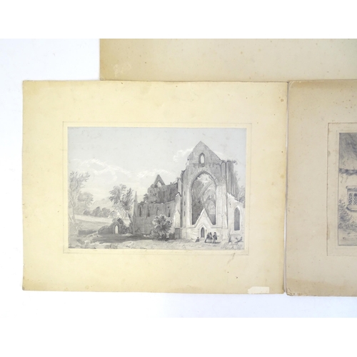 332 - Five pencil drawings to include a study of Tintern Abbey, village scenes with buildings and figures,... 