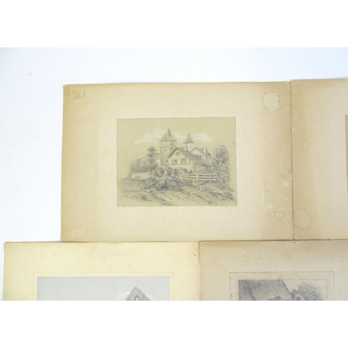 332 - Five pencil drawings to include a study of Tintern Abbey, village scenes with buildings and figures,... 