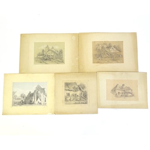 332 - Five pencil drawings to include a study of Tintern Abbey, village scenes with buildings and figures,... 