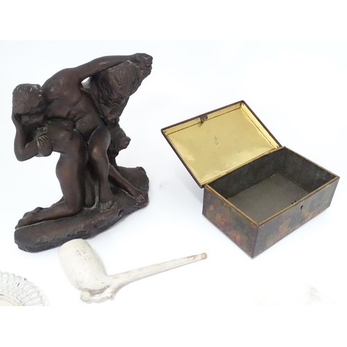 335 - A quantity of assorted items, comprising a novelty oversized clay pipe with boot and ball decoration... 