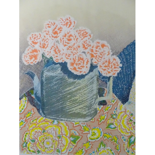 342 - A 20thC Annie West limited edition print, depicting a still life study of flowers in a teapot. Signe... 