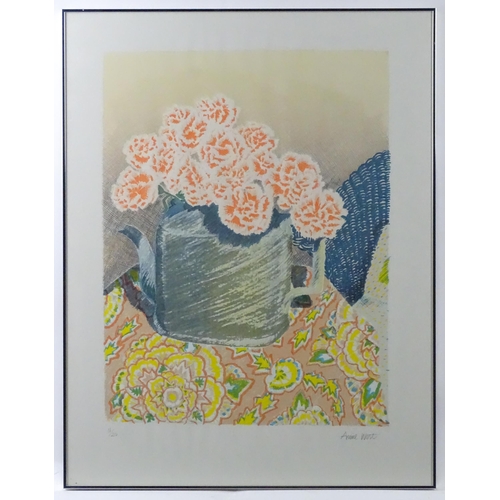 342 - A 20thC Annie West limited edition print, depicting a still life study of flowers in a teapot. Signe... 