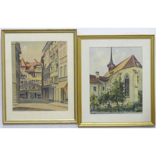 557 - Two 20thC watercolours by C. Rehn, to include a Continental street scene, and a view of a church. Bo... 