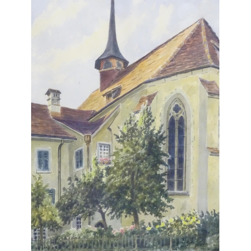 557 - Two 20thC watercolours by C. Rehn, to include a Continental street scene, and a view of a church. Bo... 