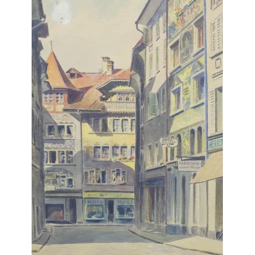 557 - Two 20thC watercolours by C. Rehn, to include a Continental street scene, and a view of a church. Bo... 