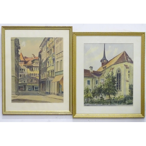 557 - Two 20thC watercolours by C. Rehn, to include a Continental street scene, and a view of a church. Bo... 