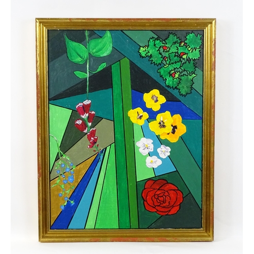 559 - 20th century, Oil on canvas, An abstract still life study with flowers. Approx. 25