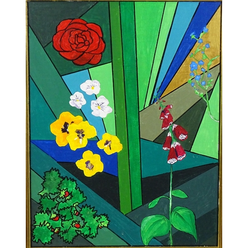 559 - 20th century, Oil on canvas, An abstract still life study with flowers. Approx. 25