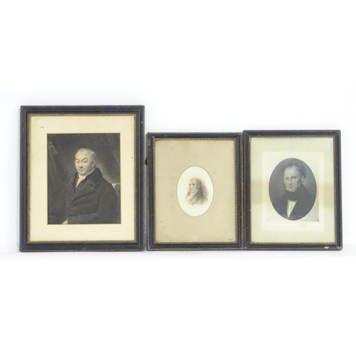 562 - Three assorted monochrome engravings to include a portrait of William Farington. Largest approx. 10 ... 