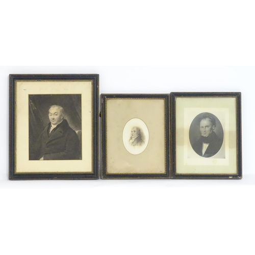 562 - Three assorted monochrome engravings to include a portrait of William Farington. Largest approx. 10 ... 