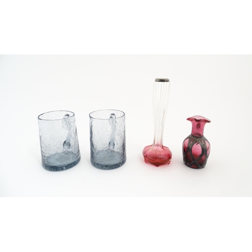 630 - A pair of glass mugs / tankards together with an Art Nouveau cranberry to clear glass bud vase with ... 