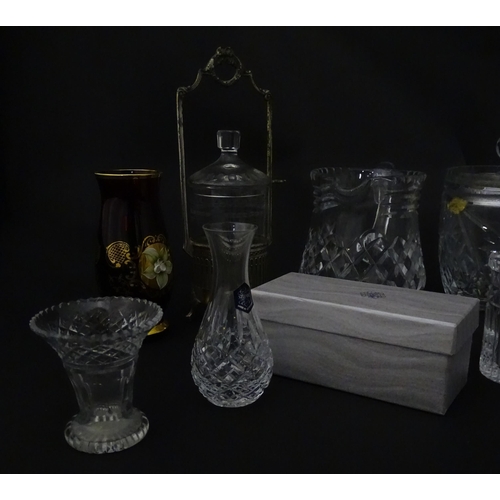 322 - A quantity of assorted cut glass cruets, preserve jars etc. The largest approx 8