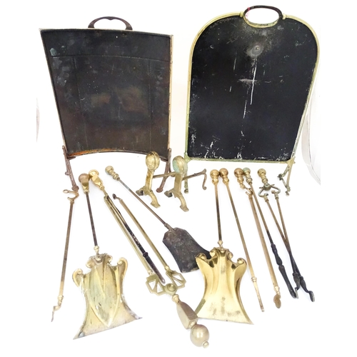 663 - A quantity of 20thC brass fire tools, to include pokers, shovels, stands and tongs etc, together wit... 