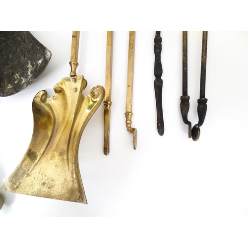 663 - A quantity of 20thC brass fire tools, to include pokers, shovels, stands and tongs etc, together wit... 