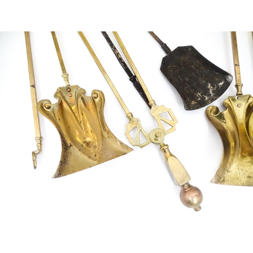 663 - A quantity of 20thC brass fire tools, to include pokers, shovels, stands and tongs etc, together wit... 