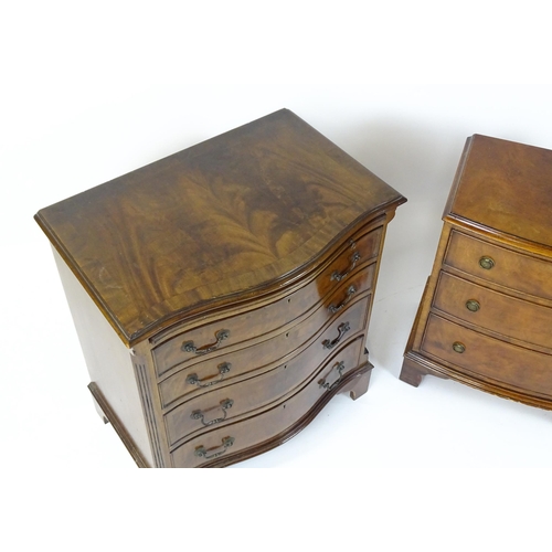 20 - A mid to late 20thC mahogany serpentine fronted chest of drawers, comprising brushing slide over fou... 