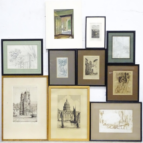 219 - A quantity of assorted drawings, prints and etchings to include St Paul's from the River by Oswald F... 