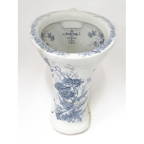 234 - A Victorian blue and white toilet with floral decoration, titled The Puritas Washdown Closet No. 167... 