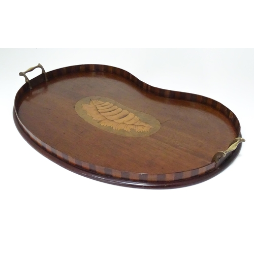 240 - A Victorian mahogany and boxwood tray, of kidney form with brass handles and inlaid shell decoration... 