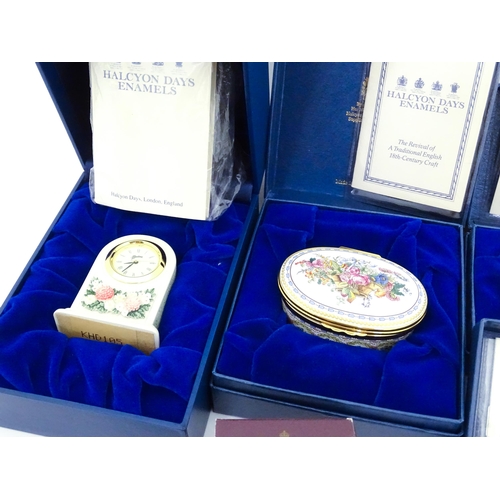 289 - A quantity of boxed Halcyon Days enamelled pill boxes and clock, together with boxed Royal Crown Der... 