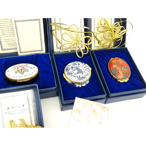 289 - A quantity of boxed Halcyon Days enamelled pill boxes and clock, together with boxed Royal Crown Der... 