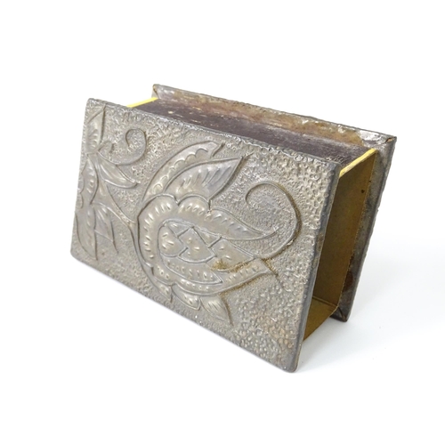 537 - Four assorted items, comprising an Art Nouveau pewter matchbox cover, a small hip flask and two Orie... 