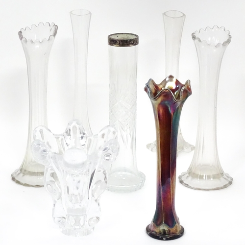 545 - Seven assorted glass vases, examples to include French art glass, one example with silver rim, the l... 