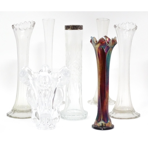 545 - Seven assorted glass vases, examples to include French art glass, one example with silver rim, the l... 