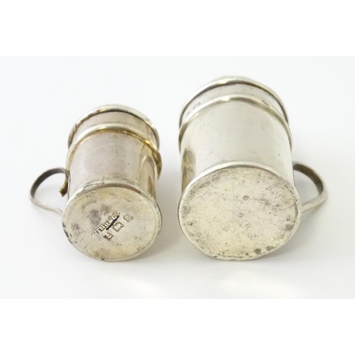 615 - Two small novelty silver pepperettes of flour shaker form, one Victorian example hallmarked Birmingh... 