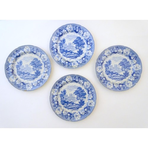 89 - Six 19thC Rogers blue and white plates decorated with pastoral scenes depicting cattle by a river wi... 