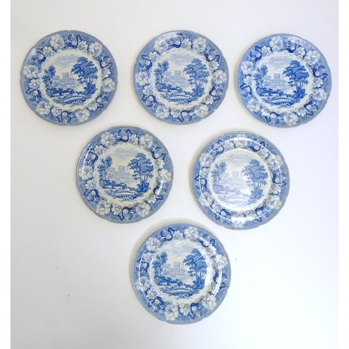 89 - Six 19thC Rogers blue and white plates decorated with pastoral scenes depicting cattle by a river wi... 