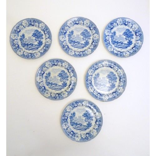 89 - Six 19thC Rogers blue and white plates decorated with pastoral scenes depicting cattle by a river wi... 