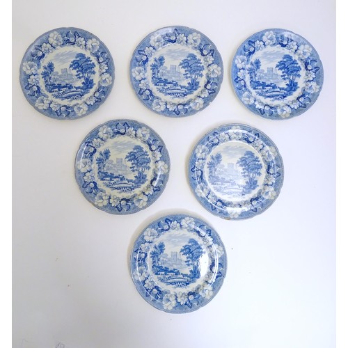 89 - Six 19thC Rogers blue and white plates decorated with pastoral scenes depicting cattle by a river wi... 