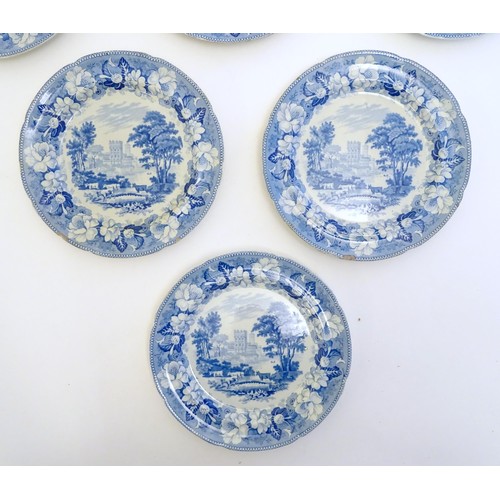 89 - Six 19thC Rogers blue and white plates decorated with pastoral scenes depicting cattle by a river wi... 