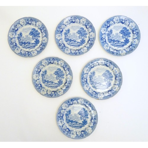 89 - Six 19thC Rogers blue and white plates decorated with pastoral scenes depicting cattle by a river wi... 