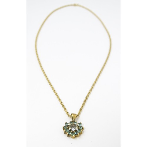 820 - A 9ct gold pendant set with white and aqua coloured stones, with chain necklace. The chain approx 20... 