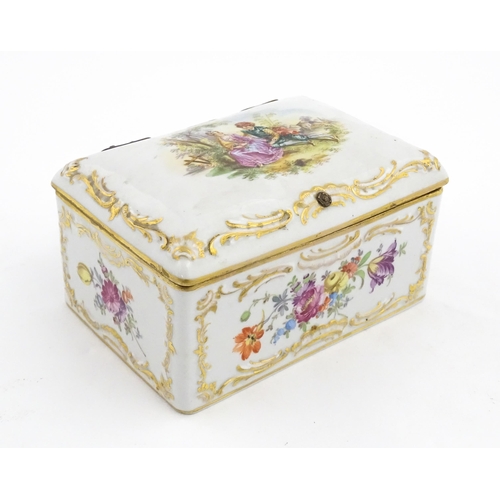 117 - A Dresden porcelain casket decorated with a courting couple to lid, the sides with floral and foliat... 