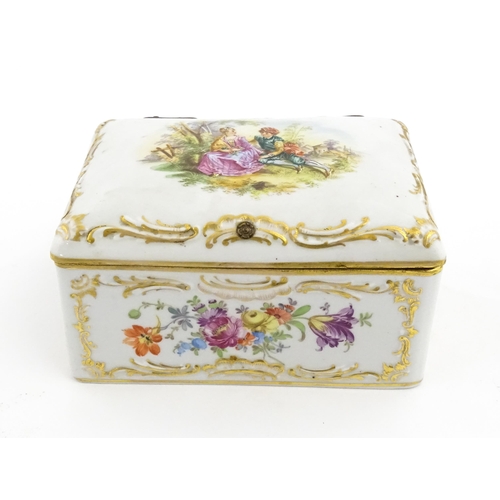 117 - A Dresden porcelain casket decorated with a courting couple to lid, the sides with floral and foliat... 