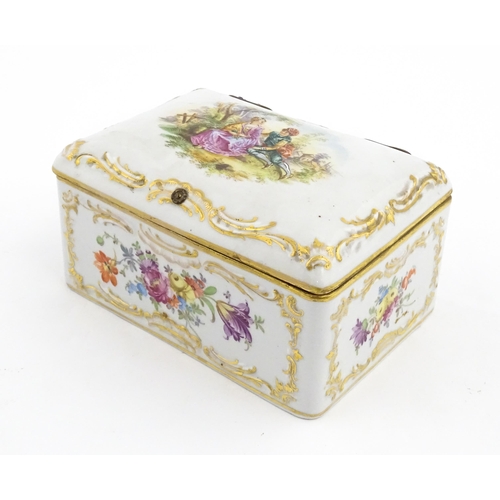 117 - A Dresden porcelain casket decorated with a courting couple to lid, the sides with floral and foliat... 