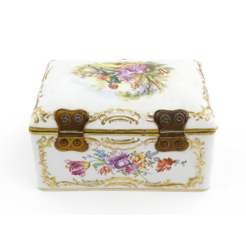 117 - A Dresden porcelain casket decorated with a courting couple to lid, the sides with floral and foliat... 