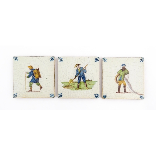 119 - Three Delft faience tiles with figural detail representing trades, to include farm worker, merchant,... 