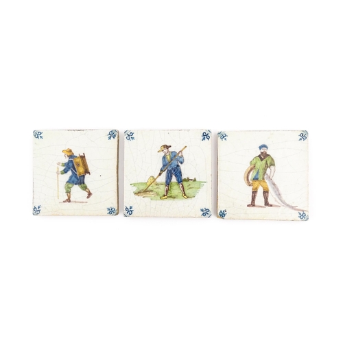 119 - Three Delft faience tiles with figural detail representing trades, to include farm worker, merchant,... 